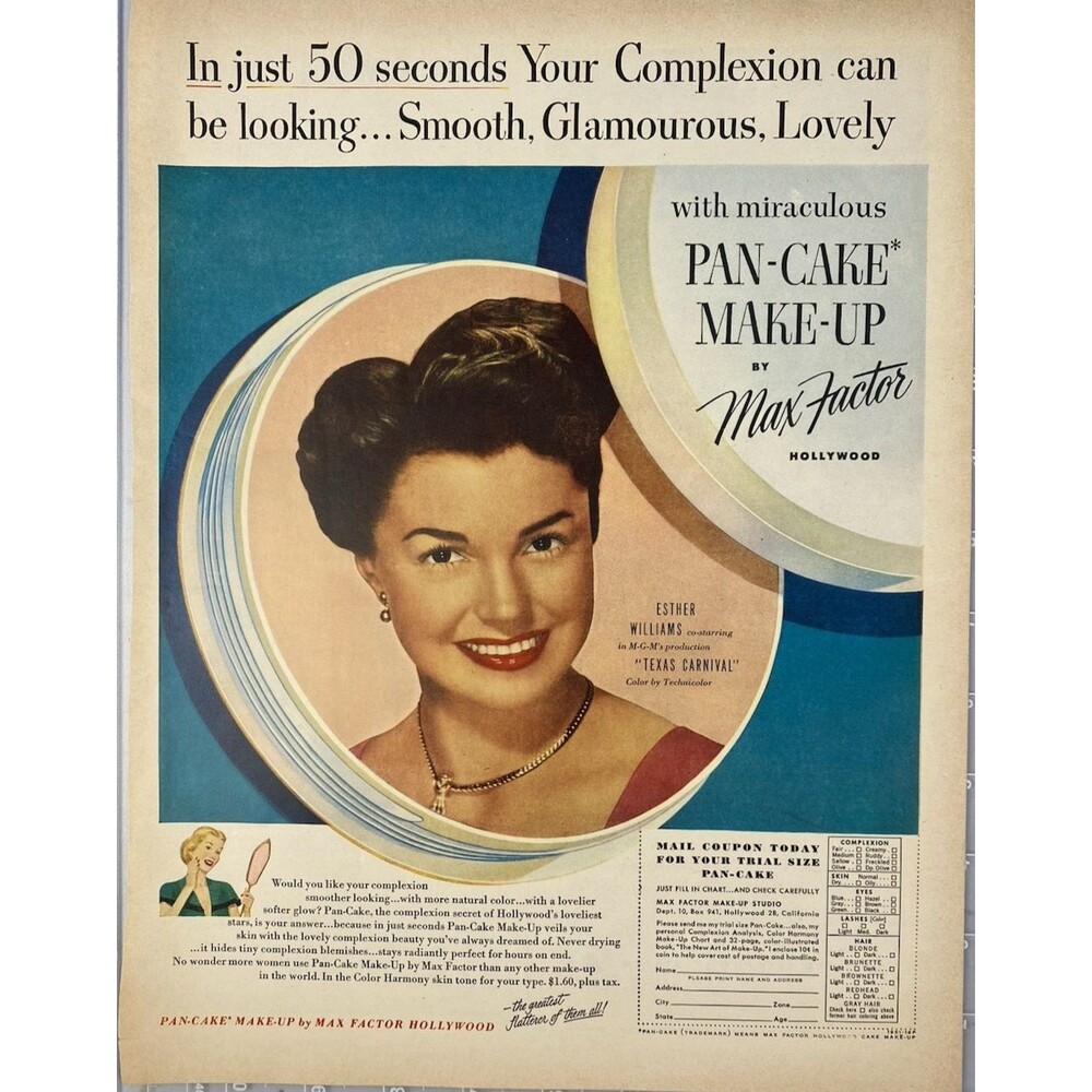 Max Factor Pan-Cake Make-Up Ester Williams in "Texas Carnival" Vtg Print Ad 1951